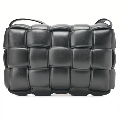 BOTTEGA VENETA Bottega Intrecciato Lambskin Padded Cassette Shoulder Bag Black Silver-Tone Hardware, Pre-Owned