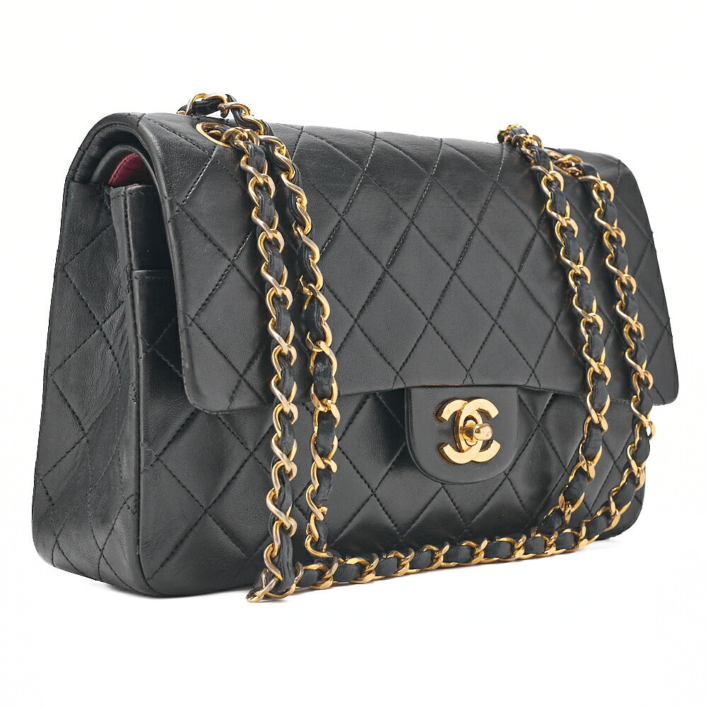 CHANEL Lambskin Matelasse Double Flap 25cm Chain Shoulder Black Gold-Tone Hardware, Pre-Owned
