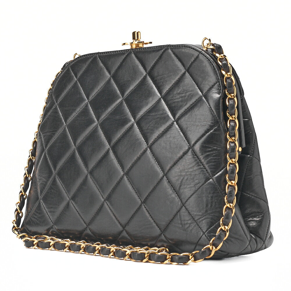 CHANEL Lambskin Matelasse Coco Mark Kiss Clasp Chain Shoulder Black Gold-Tone Hardware, Pre-Owned