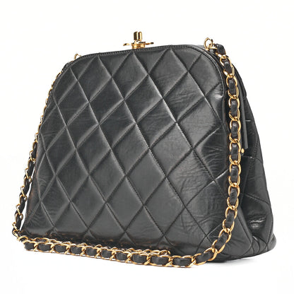 CHANEL Lambskin Matelasse Coco Mark Kiss Clasp Chain Shoulder Black Gold-Tone Hardware, Pre-Owned