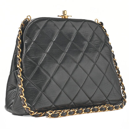 CHANEL Lambskin Matelasse Coco Mark Kiss Clasp Chain Shoulder Black Gold-Tone Hardware, Pre-Owned
