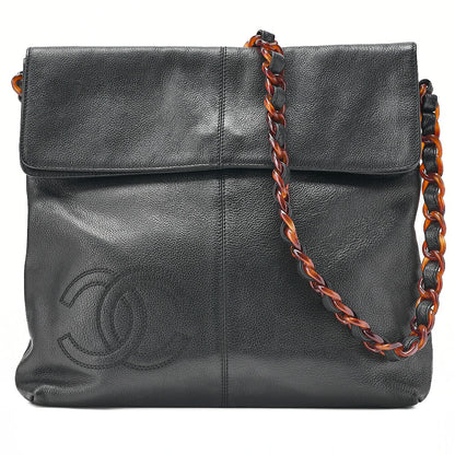 CHANEL Tote Bag Coco Mark Tortoiseshell Pattern Caviar Skin Black Gold-Tone Hardware, Pre-Owned