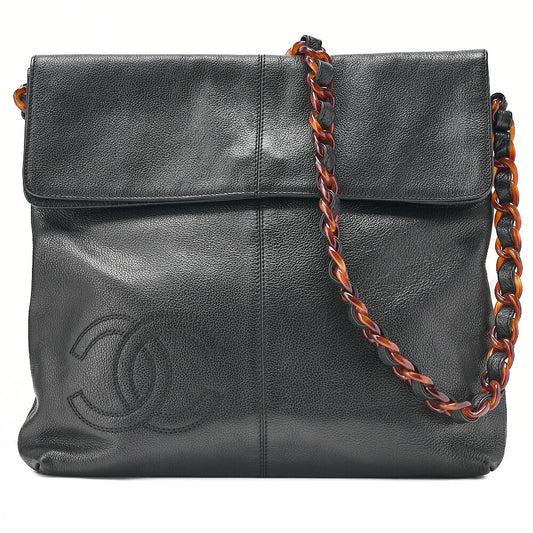 CHANEL Tote Bag Coco Mark Tortoiseshell Pattern Caviar Skin Black Gold-Tone Hardware, Pre-Owned