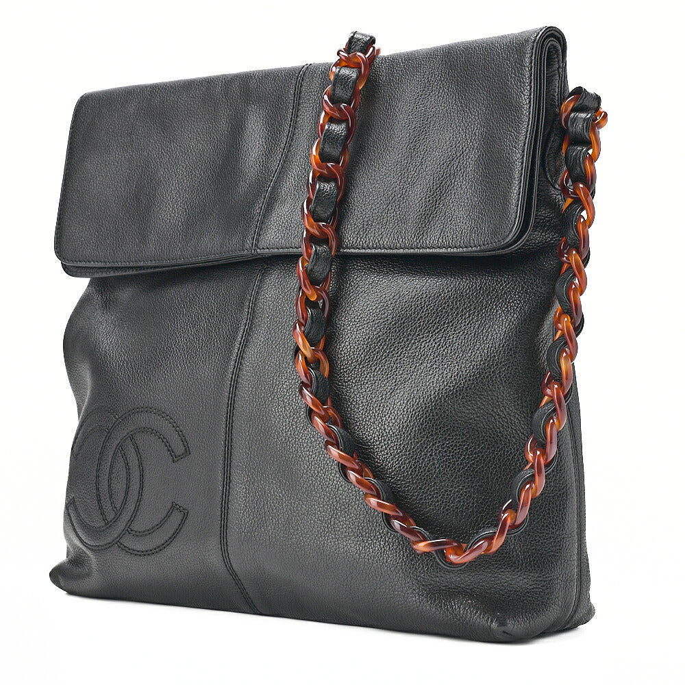 CHANEL Tote Bag Coco Mark Tortoiseshell Pattern Caviar Skin Black Gold-Tone Hardware, Pre-Owned