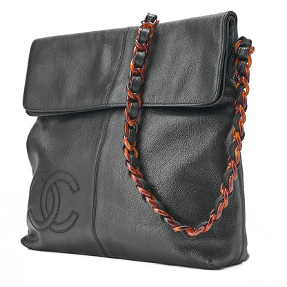 CHANEL Tote Bag Coco Mark Tortoiseshell Pattern Caviar Skin Black Gold-Tone Hardware, Pre-Owned