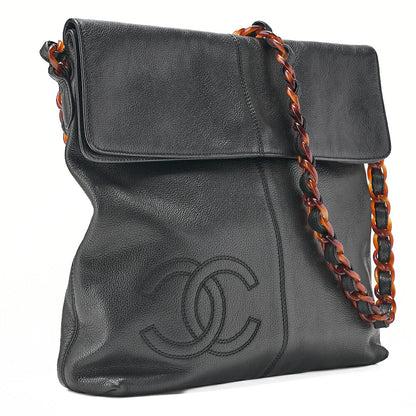 CHANEL Tote Bag Coco Mark Tortoiseshell Pattern Caviar Skin Black Gold-Tone Hardware, Pre-Owned