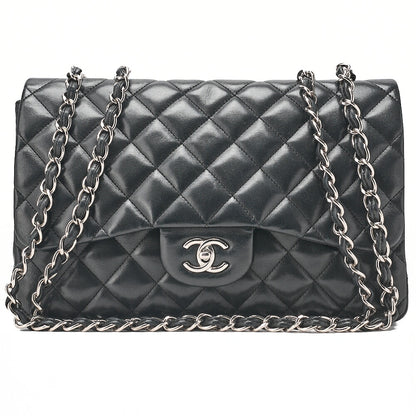 CHANEL Deka Matelasse 30 Turn Lock Chain Shoulder Bag Lambskin Black Silver-Tone Hardware, Pre-Owned