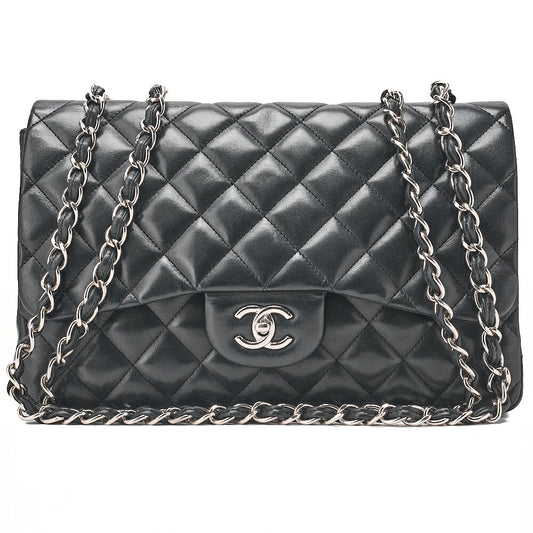 CHANEL Deka Matelasse 30 Turn Lock Chain Shoulder Bag Lambskin Black Silver-Tone Hardware, Pre-Owned