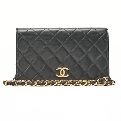 CHANEL Lambskin Matelasse Full Flap 19cm Push Lock Chain Shoulder Black Gold-Tone Hardware, Pre-Owned