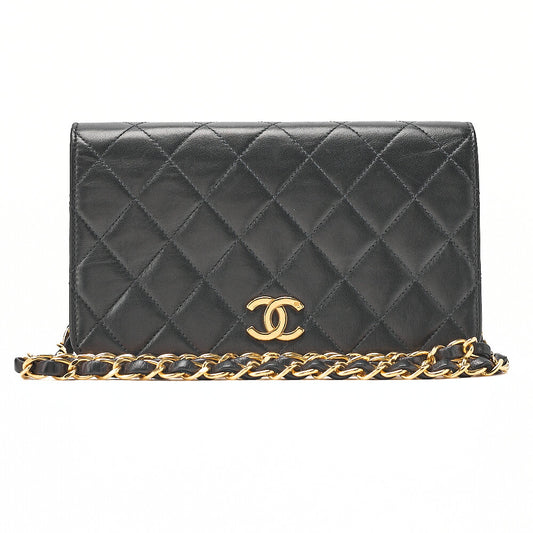 CHANEL Lambskin Matelasse Full Flap 19cm Push Lock Chain Shoulder Black Gold-Tone Hardware, Pre-Owned