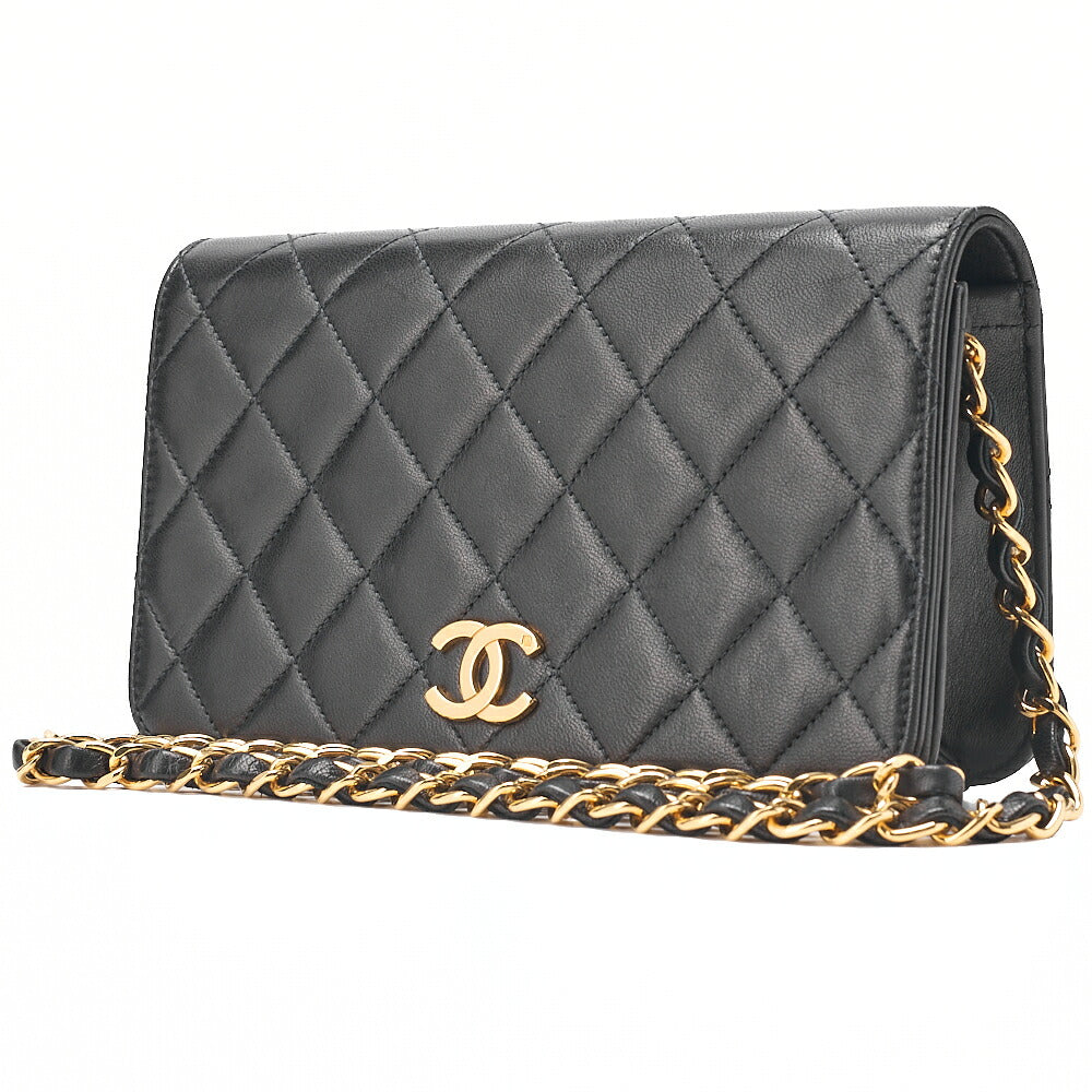 CHANEL Lambskin Matelasse Full Flap 19cm Push Lock Chain Shoulder Black Gold-Tone Hardware, Pre-Owned