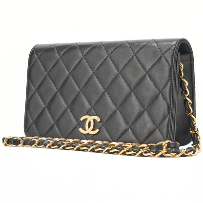 CHANEL Lambskin Matelasse Full Flap 19cm Push Lock Chain Shoulder Black Gold-Tone Hardware, Pre-Owned