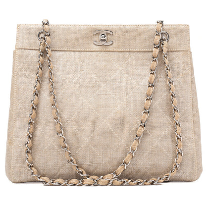 CHANEL Matelasse Coco Mark Chain Tote Linen Beige Silver-Tone Hardware, Pre-Owned