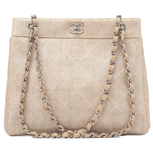 CHANEL Matelasse Coco Mark Chain Tote Linen Beige Silver-Tone Hardware, Pre-Owned