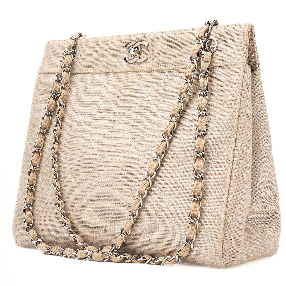 CHANEL Matelasse Coco Mark Chain Tote Linen Beige Silver-Tone Hardware, Pre-Owned