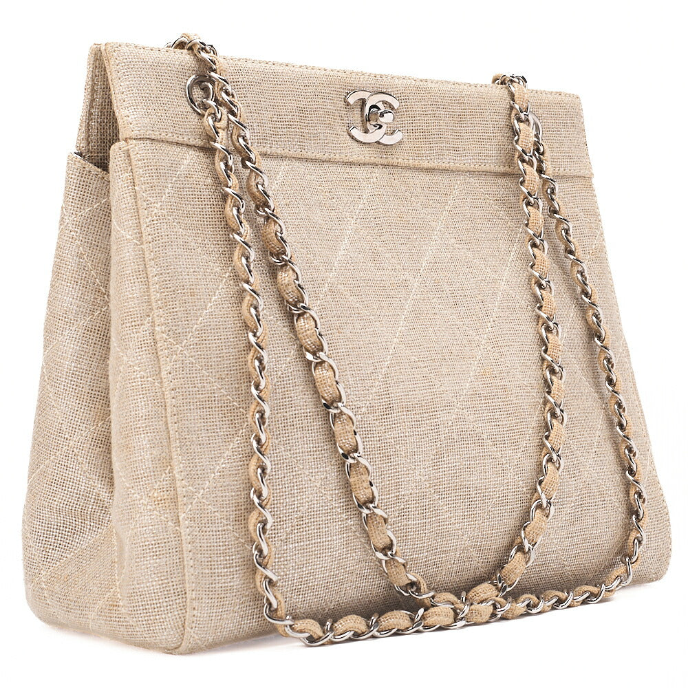 CHANEL Matelasse Coco Mark Chain Tote Linen Beige Silver-Tone Hardware, Pre-Owned