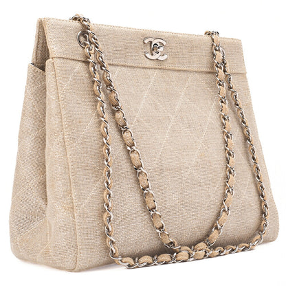 CHANEL Matelasse Coco Mark Chain Tote Linen Beige Silver-Tone Hardware, Pre-Owned