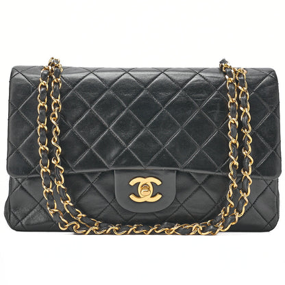 CHANEL Lambskin Matelasse Double Flap 25cm Chain Shoulder Black Gold-Tone Hardware, Pre-Owned