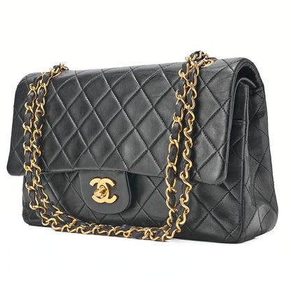 CHANEL Lambskin Matelasse Double Flap 25cm Chain Shoulder Black Gold-Tone Hardware, Pre-Owned
