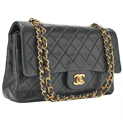 CHANEL Lambskin Matelasse Double Flap 25cm Chain Shoulder Black Gold-Tone Hardware, Pre-Owned