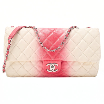 CHANEL Che Shoulder Bag Matelasse Caviar Skin Single Flap Bicolor White x Red Silver-Tone Hardware, Pre-Owned
