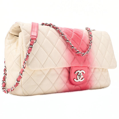 CHANEL Che Shoulder Bag Matelasse Caviar Skin Single Flap Bicolor White x Red Silver-Tone Hardware, Pre-Owned