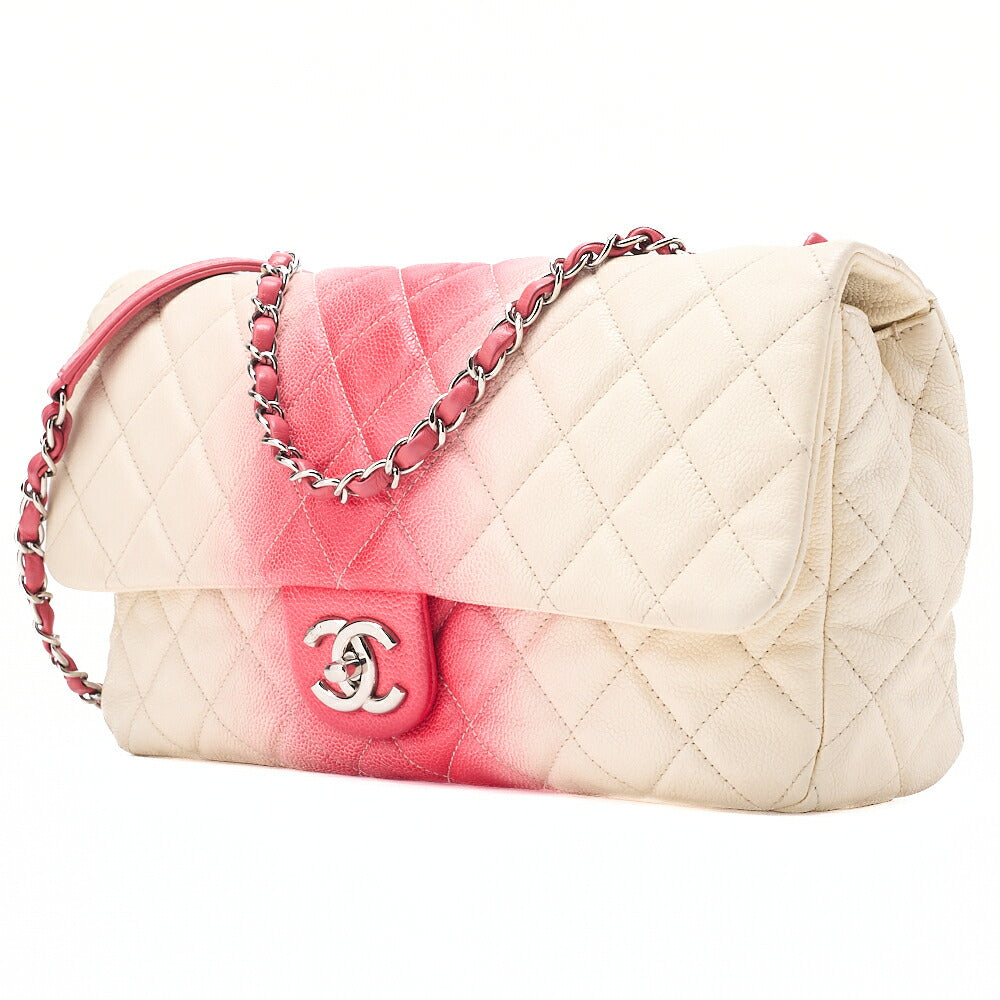 CHANEL Che Shoulder Bag Matelasse Caviar Skin Single Flap Bicolor White x Red Silver-Tone Hardware, Pre-Owned