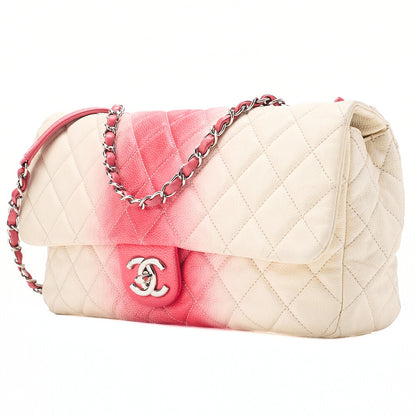 CHANEL Che Shoulder Bag Matelasse Caviar Skin Single Flap Bicolor White x Red Silver-Tone Hardware, Pre-Owned