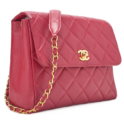 CHANEL Caviar Skin Matelasse Single Square Chain Shoulder Red Gold-Tone Hardware, Pre-Owned