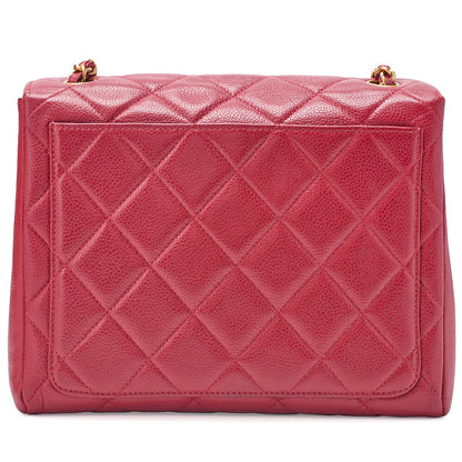 CHANEL Caviar Skin Matelasse Single Square Chain Shoulder Red Gold-Tone Hardware, Pre-Owned