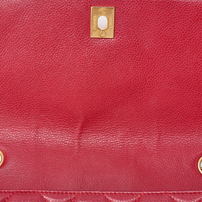 CHANEL Caviar Skin Matelasse Single Square Chain Shoulder Red Gold-Tone Hardware, Pre-Owned