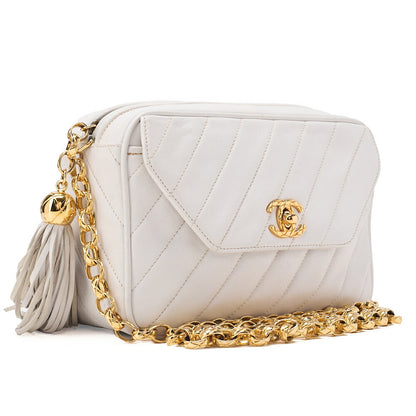CHANEL Lambskin Diagonal Stitch Fringe Bijou Chain Shoulder White Gold-Tone Hardware, Pre-Owned