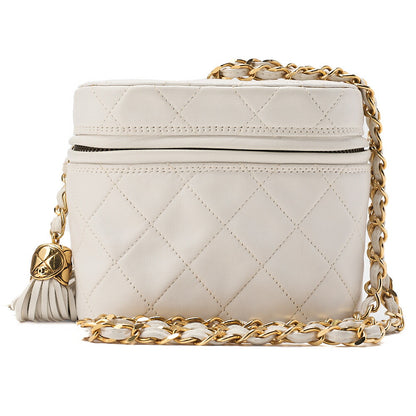 CHANEL Lambskin Matelasse Fringe with Lid Chain Shoulder White Gold-Tone Hardware, Pre-Owned