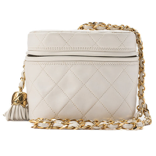 CHANEL Lambskin Matelasse Fringe with Lid Chain Shoulder White Gold-Tone Hardware, Pre-Owned