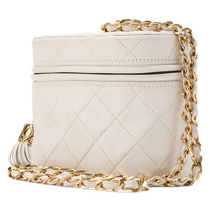 CHANEL Lambskin Matelasse Fringe with Lid Chain Shoulder White Gold-Tone Hardware, Pre-Owned