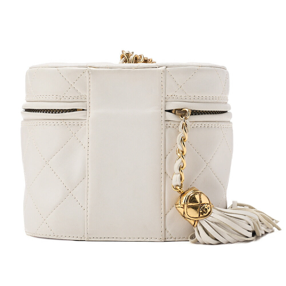 CHANEL Lambskin Matelasse Fringe with Lid Chain Shoulder White Gold-Tone Hardware, Pre-Owned
