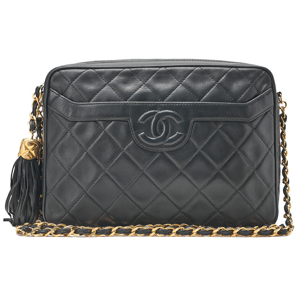 CHANEL Lambskin Matelasse Coco Mark Fringe Chain Shoulder Black Gold-Tone Hardware, Pre-Owned