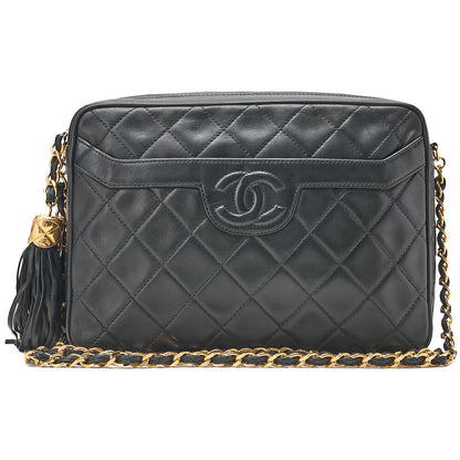 CHANEL Lambskin Matelasse Coco Mark Fringe Chain Shoulder Black Gold-Tone Hardware, Pre-Owned