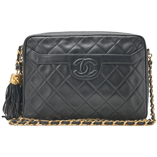 CHANEL Lambskin Matelasse Coco Mark Fringe Chain Shoulder Black Gold-Tone Hardware, Pre-Owned