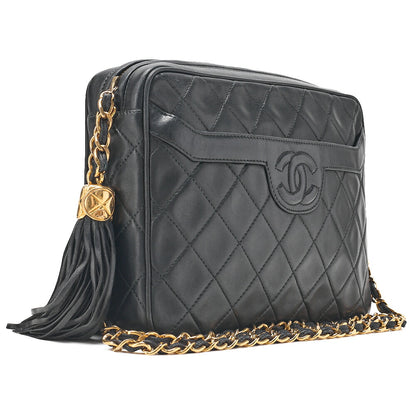 CHANEL Lambskin Matelasse Coco Mark Fringe Chain Shoulder Black Gold-Tone Hardware, Pre-Owned