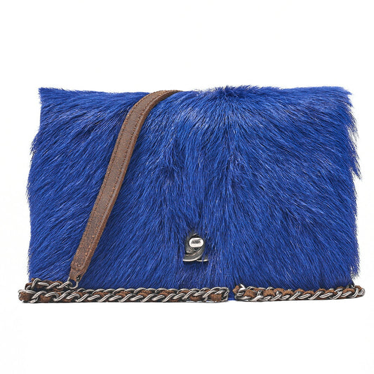 CHANEL Shoulder Bag Vintage Calffur Matelasse Chain Wallet Blue x Brown Silver-Tone Hardware, Pre-Owned
