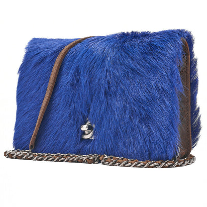 CHANEL Shoulder Bag Vintage Calffur Matelasse Chain Wallet Blue x Brown Silver-Tone Hardware, Pre-Owned