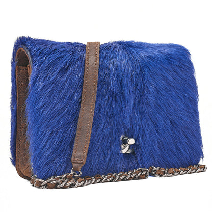 CHANEL Shoulder Bag Vintage Calffur Matelasse Chain Wallet Blue x Brown Silver-Tone Hardware, Pre-Owned