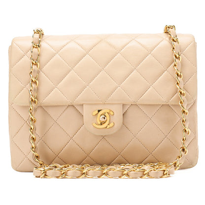 CHANEL Chain Shoulder Bag Mini Matelasse 20cm Lambskin Beige Gold-Tone Hardware, Pre-Owned