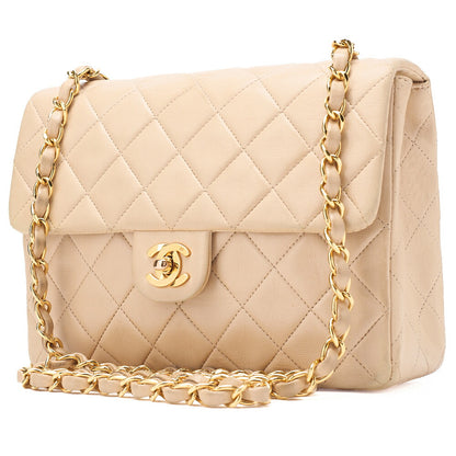 CHANEL Chain Shoulder Bag Mini Matelasse 20cm Lambskin Beige Gold-Tone Hardware, Pre-Owned