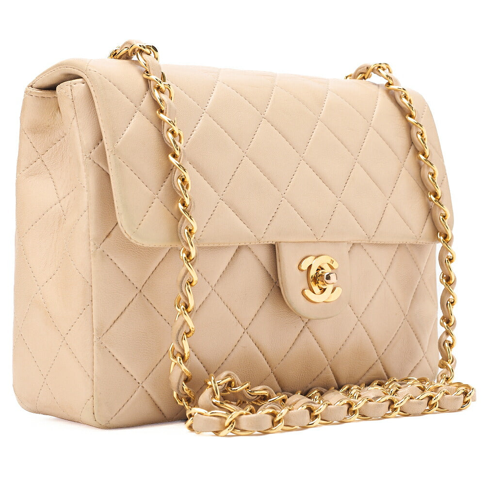CHANEL Chain Shoulder Bag Mini Matelasse 20cm Lambskin Beige Gold-Tone Hardware, Pre-Owned