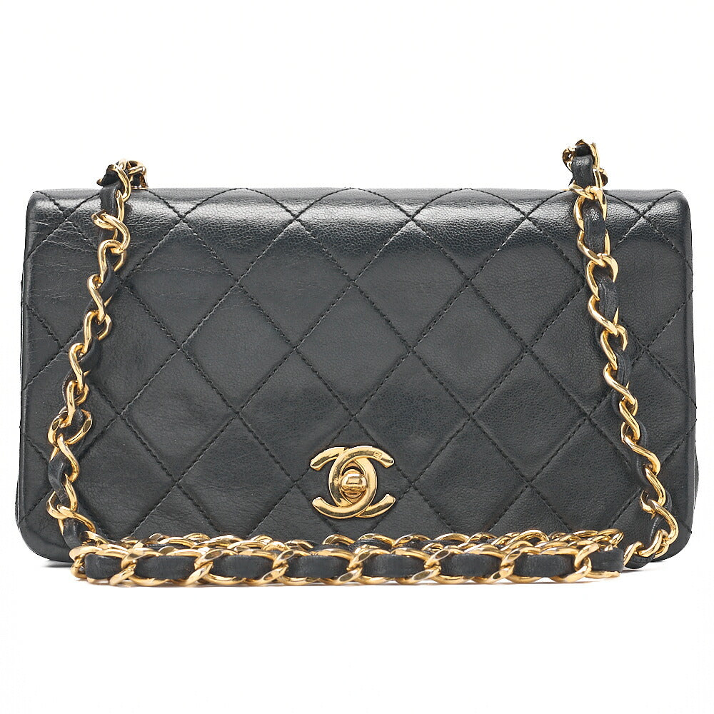 CHANEL Lambskin Mini Matelasse Full Flap Chain Shoulder Black Gold-Tone Hardware, Pre-Owned