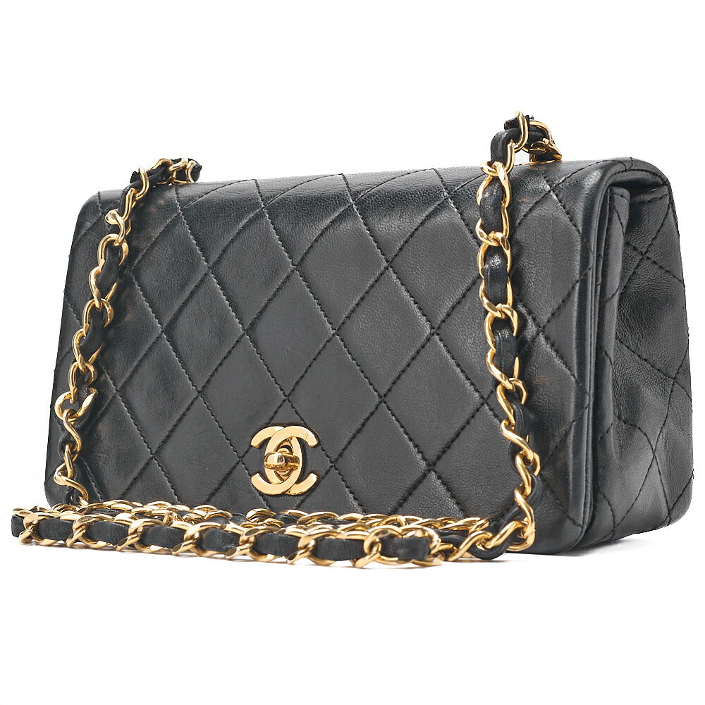 CHANEL Lambskin Mini Matelasse Full Flap Chain Shoulder Black Gold-Tone Hardware, Pre-Owned