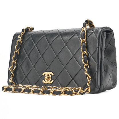 CHANEL Lambskin Mini Matelasse Full Flap Chain Shoulder Black Gold-Tone Hardware, Pre-Owned