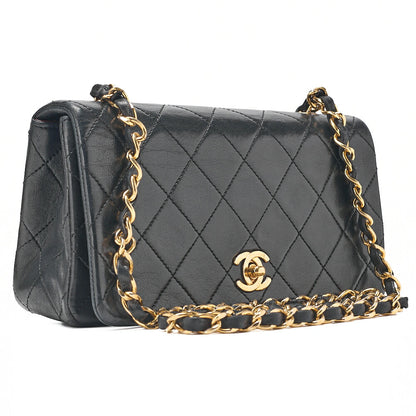 CHANEL Lambskin Mini Matelasse Full Flap Chain Shoulder Black Gold-Tone Hardware, Pre-Owned